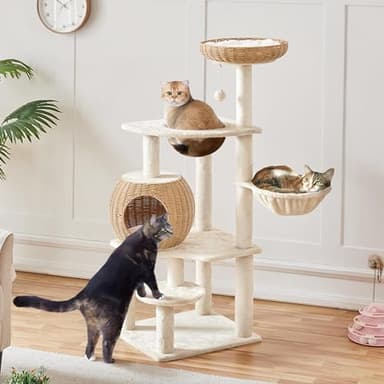 Yaheetech 54in Rattan Cat Tree, Modern Tower with Breathable Woven Condo, Scratching Posts & Washable Cushions, Naturally Cool in Summer, Cute Furniture for Indoor Cats - Image 2