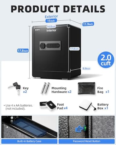 DAYI Safe Box, 2.0 Cubic Feet Home Safe with Fireproof Waterproof Bag, Security Safe Box for Money Cash Valuables, Digital Electronic Keypad, Dual Alarm System, Removable Shelf - D-45 - Image 6