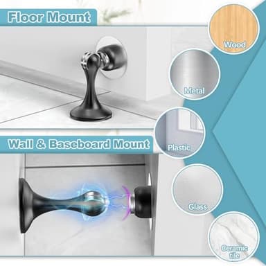 Profasion 2 Pack Magnetic Door Stoppers, Stainless Steel Door Stops for Wall and Floor Mounting, Door Holder Keep Door Open, No Drilling Door Stop with 3D Adhesive Tapes, Black - Image 3