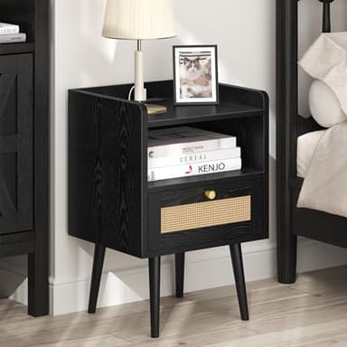 Night stand Set of 2, Bedside Tables with Charging Station, Rattan End Tables, Bed Side Tables, Wood Nightstands set of 2 for Farmhouse Kids' Room Bedroom Living Room Dorm Sofa Office Corner(Black) - Image 2