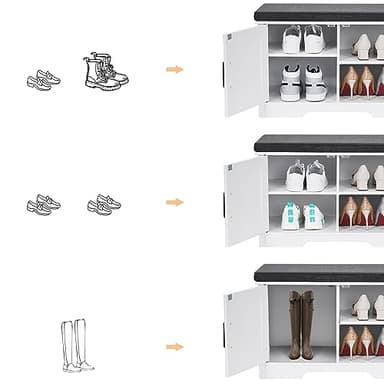 HOMSHO 2-Tier Storage Bench, 27.6" Wide Shoe Bench with Padded Seat Cushion, Entryway Bench with 2 Barn Doors and Adjustable Shelf, White - Image 4