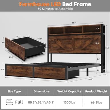 Incyneva Farmhouse Full Bed Frame with Bookcase Storage Headboard, Charging Station, LED Light and 2 Storage Drawers, Noise Free, No Box Spring Needed, Brown - Image 2