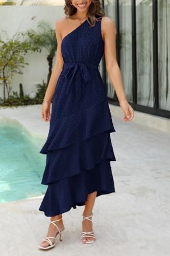 PRETTYGARDEN Women's Summer Floral Sundress Casual One Shoulder Tiered Ruffle Flowy Midi Beach Boho Dresses (Swiss Dot Navy,Large) - Image 3