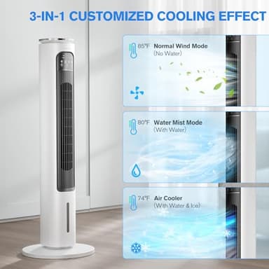 Windowless Portable Air Conditioners, 37’’ Evaporative Air Cooler w/Remote, 2.5L Water Tank & 4 Ice Packs, 12H Timer Auto-off, 70° Oscillating, Quiet Cooling Tower Fan For Bedroom Living Room Office - Image 6