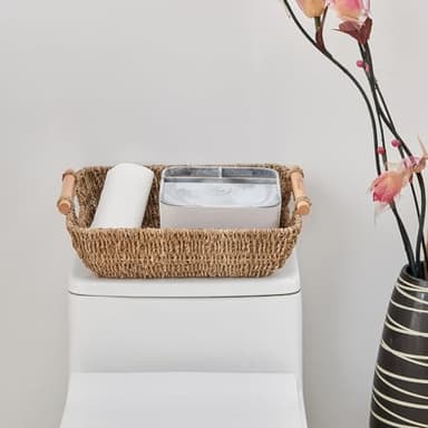 Storage Basket Hand-Woven Large Storage Baskets with Wooden Handles, Seagrass Wicker Baskets for Organizing, 2-Pack - Image 4