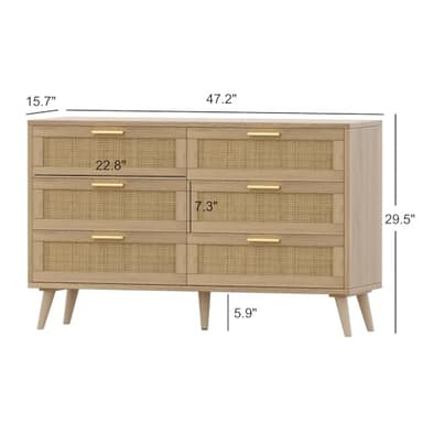 Rovaurx 6 Drawer Double Dresser for Bedroom, Rattan Chest of Dressers, Modern Wooden Dresser Chest with Golden Handles, Beside Table for Closet, Living Room and Entryway, Natural - Image 2