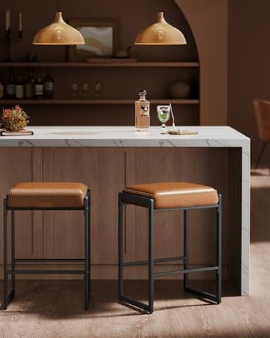 VASAGLE EKHO Collection - Bar Stools Set of 2, Counter Height Bar Stools, Synthetic Leather with Stitching, Mid-Century Modern Counter Stools, 26-Inch Tall, Kichen Home Bar Dining Room, Caramel Brown - Image 7