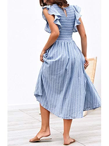 Miessial Womens Summer Dress 2025 Casual Short Sleeve Striped Linen Midi Dresses Boho Beach Wedding Guest Dress with Pockets Blue,S - Image 3