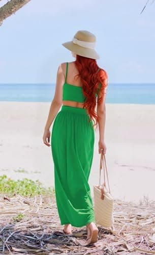 Goddess Dress 2 Piece Outfits Chiffon Strap Deep V Neck Bra Crop Top High Split Maxi Dress Skirt Set Beachwear Cute Green XS - Image 4