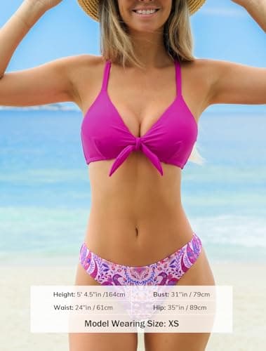 CUPSHE Women's Bikini Set Two Piece Swimsuit V Neck Knot Crisscross Low Waist Floral Bathing Suit L, Magenta - Image 4