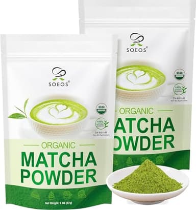 Soeos Organic Matcha Powder, Matcha Green Tea Powder, 2 oz (2 Pack), Total 4 oz, Antioxidant-Rich Japanese Matcha for Lattes, Smoothies and Baking, Recyclable Bags - Image 1