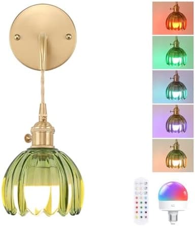 Battery Operated Wall Sconce with Green Tulip Shade Pattern Glass Adjustable Chain Retro Gold Wall Mounted Light, Modern Wall Lamp Fixtures Decor for Bedside Bedroom Indoor Doorway - Image 3
