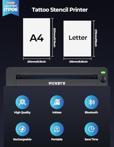 MUNBYN Tattoo Stencil Printer ITP06, 300DPI Wireless Thermal Tattoo Printer with 20 Transfer Papers, Tattoo Printers Compatible with Smartphone & PC for Tattoo Artists & Beginners - Image 8