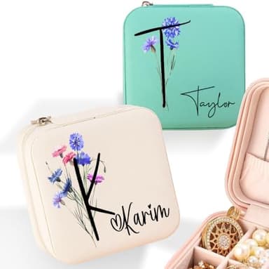 Ship Next Day, Custom Jewelry Boxes for Traveling, Personalized Jewelry Case with Flower Initial, 2025 Christmas Stocking Stuffer Gifts for Teen Girls, Birthday Gifts for Mom - Image 3
