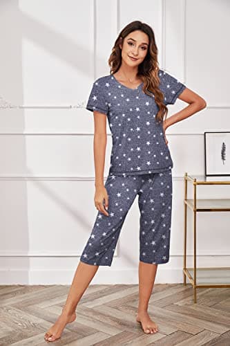 Ekouaer Women's Sleepwear Capri Pajama Sets Short Sleeve Two-Piece Pjs V Neck Tops & Capri Pants with Pockets S-3XL - Image 6