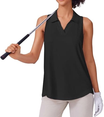 PINSPARK Golf Shirts for Women Sun Protection Tennis Tank Top with Collar V Neck Racerback Athletic T-Shirt Lightweight Workout Tops Sleeveless Yoga Shirt, Black M - Image 1