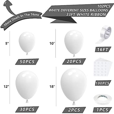 NISOCY White Balloons,102PCS 18In 12In 10In 5In White Latex Balloons Arch Garland for Wedding,Bride Engagement, Festival Picnic, Birthday,White Theme Anniversary Christmas Decoration - Image 2