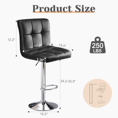 Sweetcrispy Bar Stools Set of 4, Armless PU Leather Adjustable Swivel Barstools, Hydraulic Kitchen Counter Height Thickened Seat Cushion Square Island Countertop Chairs with Back - Modern Black - Image 3