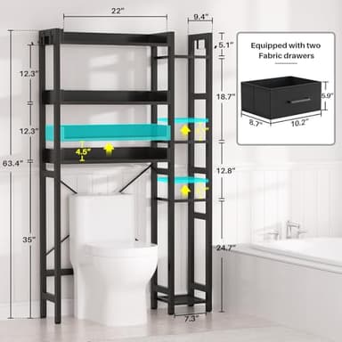 Over The Toilet Storage with 2 Drawers - 7 Tier Bathroom Organizer with Adjustable Shelf, Freestanding Space Saver Storage Rack Above Toilet Stand with 4 Hooks for Restroom, Laundry, Black - Image 3