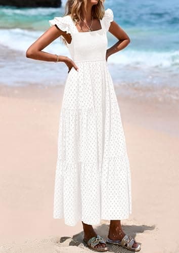 PRETTYGARDEN Womens Summer Square Neck Maxi Dresses Cap Sleeve Eyelet Smocked Tiered A Line Flowy Long Dress with Pockets (White,Medium) - Image 8