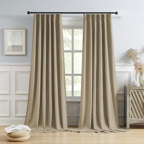 DUALIFE Taupe Blackout Pinch Pleated Curtains for Bedroom 102 Inch Length, Linen Blended Farmhouse 100% Blackout Thermal Insulated Back Tab Drapes with Hooks for Track System 2 Panels W40xL102