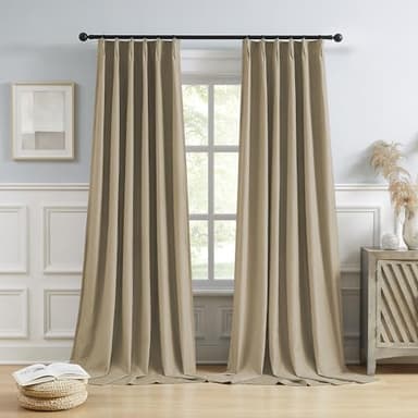 DUALIFE Taupe Blackout Pinch Pleated Curtains for Bedroom 102 Inch Length, Linen Blended Farmhouse 100% Blackout Thermal Insulated Back Tab Drapes with Hooks for Track System 2 Panels W40xL102