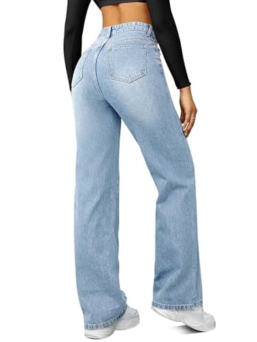FUNUCA Straight Leg Jeans for Women,High Waisted Wide Leg Loose Microelastic Boyfriend Denim Pants A-Blue - Image 2
