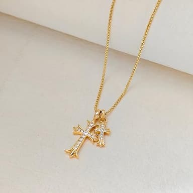 Partm Double Cross Necklace for Women Dainty Cross Pendant Choker 14K Gold Plated Trendy CZ Diamond Cross Charm Necklace Hypoallergenic Delicate Faith Jewelry Religious Gifts for Women - Image 6