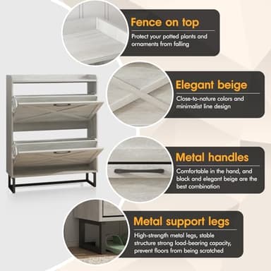 Maupvit Shoe Storage Cabinet with 2 Flip Drawers, Freestanding Organizer with Metal Legs for Entryway, Narrow Shoe Rack Cabinet, Beige - Image 4