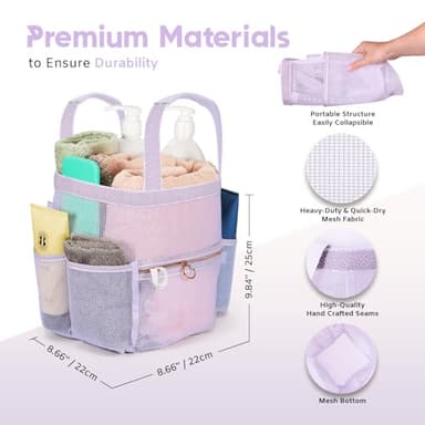 DV Lifestyle Mesh Shower Caddy Dorm, 7 Pockets & 1 with Zipper, Shower Tote with Padded Handles, Travel Portable, Shower Caddy College Room Essentials, Bathroom Shower Bag (Light Gray) - Image 3