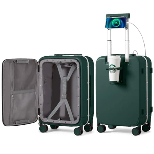 mixi Carry On Luggage with Cup Phone Holder and Charger Hard Shell Suitcases with Spinner Wheels,20 Inch Blackish Green - Image 1
