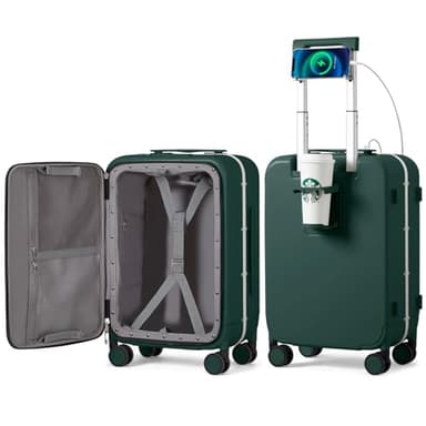 mixi Carry On Luggage with Cup Phone Holder and Charger Hard Shell Suitcases with Spinner Wheels,20 Inch Blackish Green - Image 1
