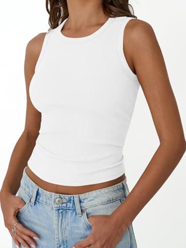 Trendy Queen White Tank Top Woman Summer 2025 Ribbed Racerback Sleeveless Workout High Neck Casual Beach Fashion Vacation Oufits Gym Clothes Going Out Slim Fitted Basic T-Shirts White M - Image 3