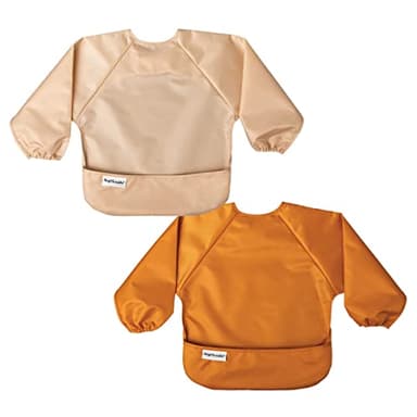 Tiny Twinkle Mess Proof Baby Bibs, 2pk Waterproof Smock Baby Bibs for Eating, Machine Washable Long Sleeve Bibs, Baby Led Weaning, Toddler Bibs, BLW Supplies (Sand Cinnamon, Small 6-24 Months) - Image 1