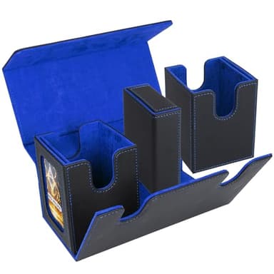 AFIING MTG Commander Card Storage Box - Fits 200 Double Sleeved Cards,3-in-1Card Deck Case,Strong Magnet Card Organizer For Magic Commander TCG CCG,4Dividers &2 Toploaders, Black/Blue - Image 3