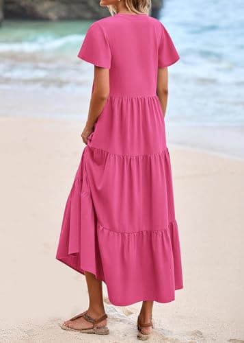 KIRUNDO Summer Maxi Dresses for Women 2025 Spring Fashion Short Sleeve Button V Neck Pleated Loose Tiered Swing Flowy Dress(Rose Red, X-Large) - Image 2