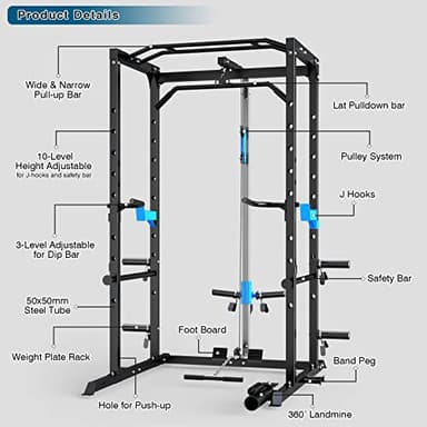 ULTRA FUEGO Power Cage, Multi-Functional Power Rack with J-Hooks, Dip Handles, Landmine Attachment and Optional Cable Pulley System for Home Gym (Power Cage with Pulley System) - Image 6