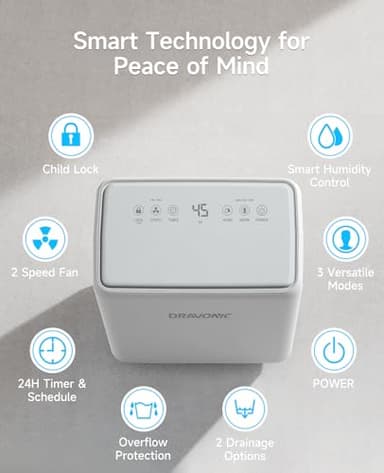 Dravonic 2000 Sq. Ft Dehumidifier for Basement, 30 Pint Dehumidifiers for Home, Bedroom and Bathroom, 3 Modes Dehumidifier with Drain Hose, Smart Humidity Control, 24H Timer (White) - Image 6