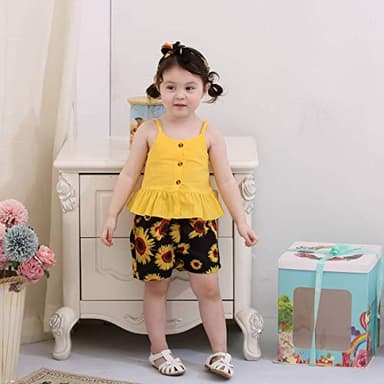 Kucnuzki Toddler Baby Girl Clothes Summer Outfits Ruffle Sleeveless Linen Shirt Kid Short Set for Girl (12-18 Months, Yellow+Black) - Image 2