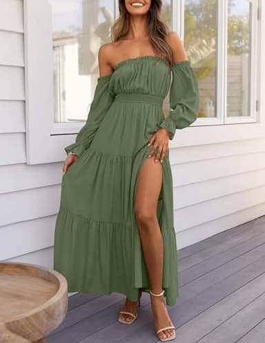 ZESICA Women's 2025 Boho Sexy Off Shoulder Long Sleeve Smocked High Waist Side Split Flowy A Line Tiered Long Maxi Dress,Olive,Medium - Image 2