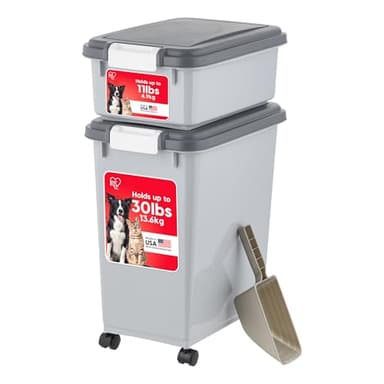 IRIS USA Dog Food Storage Container, 30 lbs & 11 lbs Combo, Cat Food Storage Container, Dog Treat Container, Airtight, Stackable, 2-Cup Scoop, Wheels, Easy Mobility, Gray - Image 1