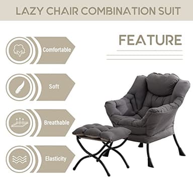 LITA Lazy Chair with Ottoman, Modern Accent Leisure Upholstered Lazy Sofa Armchair, Contemporary Lounge Reading Chair with Armrests and a Side Pocket for Living Room, Bedroom & Small Space, Dark Grey - Image 4