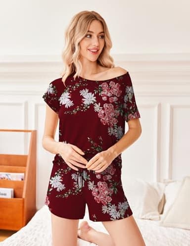 Ekouaer Summer Sleepwear for Women 2 Piece Pajama Set Short Sleeve Sleep Sets Classic Round Neck Pjs with Pockets Red Flowers/Navy Flowers,Medium - Image 5