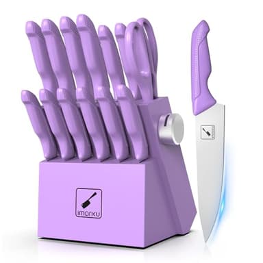 imarku Kitchen Knife Set, Sharp Knives Set with Built-in Sharpener, Stainless Steel Block Knife Set and Non-Slip Ergonomic Handle, Dishwasher Safe, 14 PCS Professional Knife Set for Gift, Lavender - Image 1