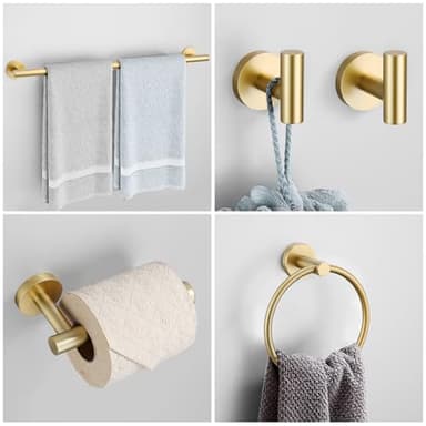 Brushed Gold Bathroom Hardware Accessories Set 4 Pieces Towel Bar Set Modern Round Towel Ring 19.68 in Towel Bar Towel Hook and Toilet Paper Holder Stainless Steel Wall Mounted - Image 6