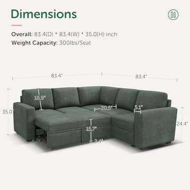 HONBAY Sectional Sleeper Sofa with Pull Out Bed, Corduroy L Shaped Couch with Storage, Modular Sectional Couches for Living Room, Green - Image 2