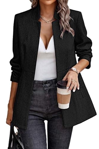 ELLEVEN Blazers for Women Business Casual Open Front Suit Jacket Herringbone Long Sleeve Stand Collar Work Blazer for Office with Full Lining and Padded Shoulders Dark Black XX-Large - Image 1