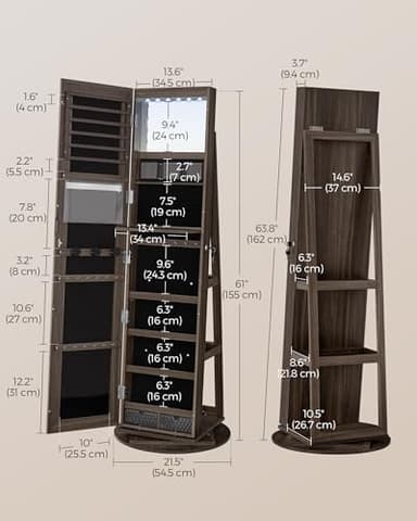 SONGMICS 6 LEDs Lockable Mirror Jewelry Cabinet, 360° Swivel Jewelry Organizer Armoire Standing, Frameless Full-Length Mirror, 3 Storage Shelves, Ash Brown Surface, Black Lining UJJC007K02 - Image 3
