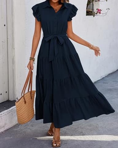 dowerme Women's Summer Casual Dresses 2025 Cap Ruffle Sleeve V Neck Button Belted Tiered Boho Maxi Dress with Pockets(Navy,Large) - Image 7