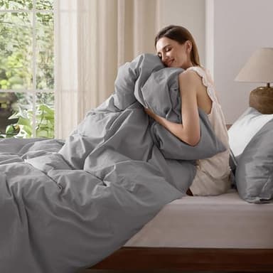 Bedsure 100% Washed Cotton Duvet Cover Queen Size - Gray Minimalist Cotton Duvet Cover Linen Like for All Seasons - GentleSoft™ Plain Simple Bedding (Gray, Queen, 90"x90") - Image 6